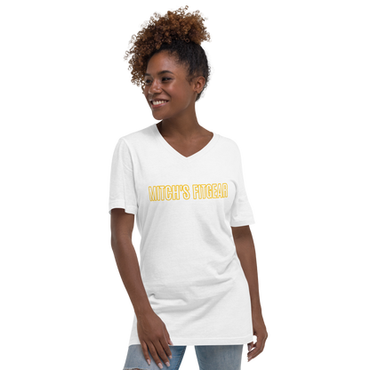 Women V-Neck T-Shirt - White Letters Yellow Outline